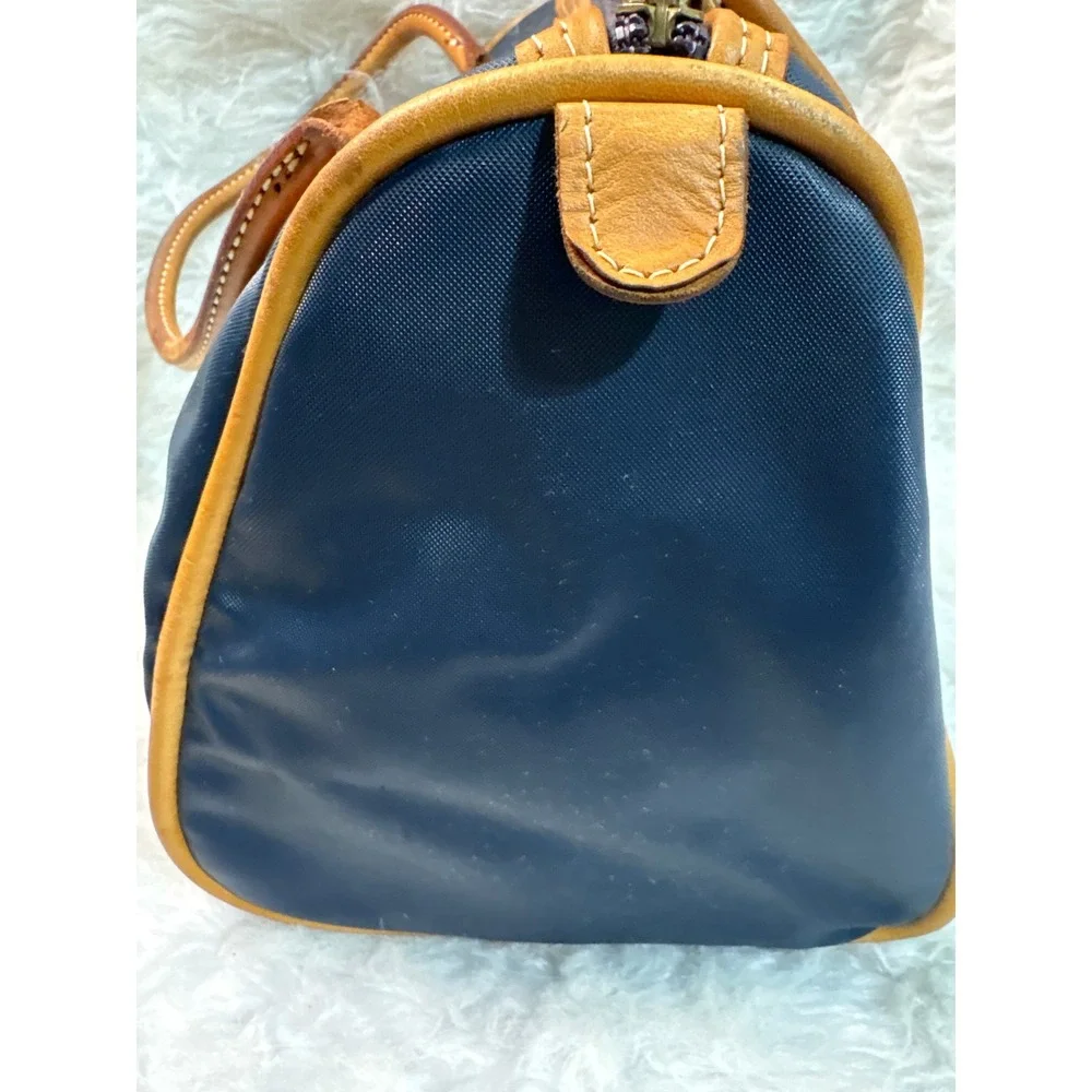 Jon Hart Navy Blue Nylon Barrel Bag Tan Leather Trim‎ Vintage Satchel Handbag